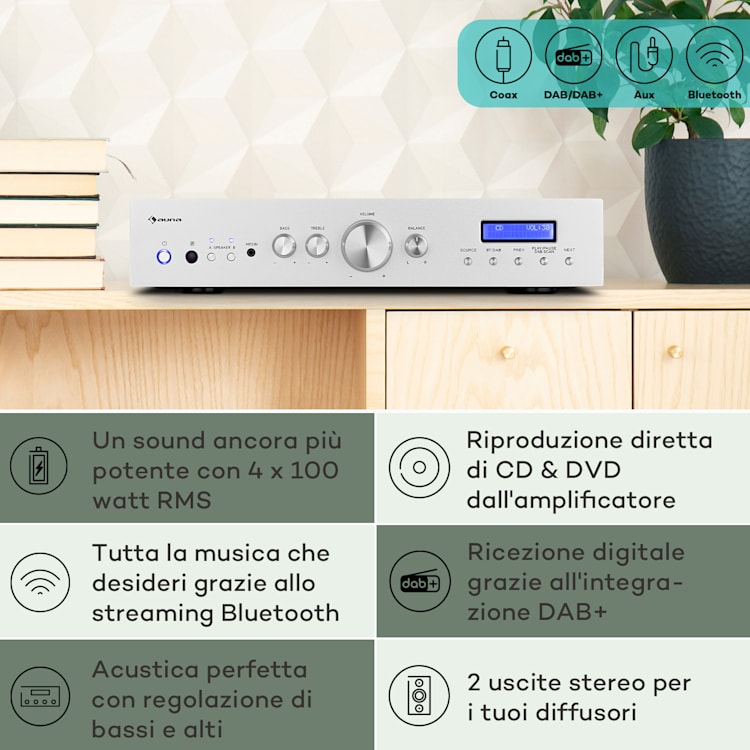 AMP-CD608 DAB, amplificatore stereo HiFi, 4x100W, RMS, DAB+, BT, ingresso ottico, telecomando Argento metallizzato