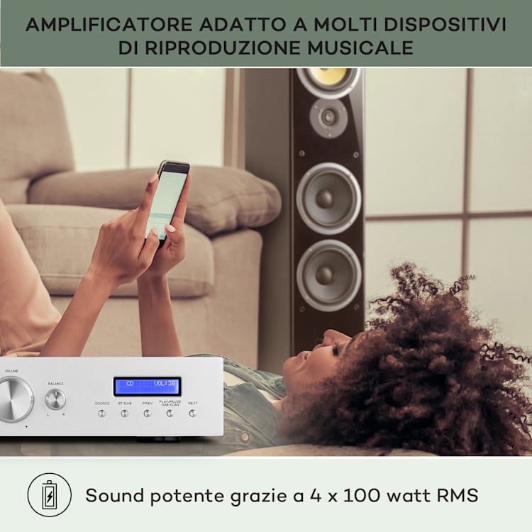 AMP-CD608 DAB, amplificatore stereo HiFi, 4x100W, RMS, DAB+, BT, ingresso ottico, telecomando Argento metallizzato