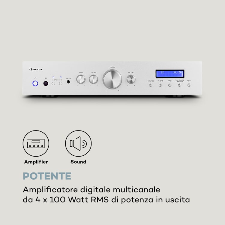 AMP-CD608 DAB, amplificatore stereo HiFi, 4x100W, RMS, DAB+, BT, ingresso ottico, telecomando Argento