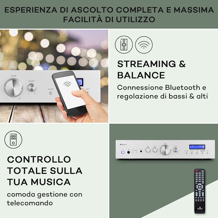 AMP-CD608 DAB, amplificatore stereo HiFi, 4x100W, RMS, DAB+, BT, ingresso ottico, telecomando Argento metallizzato