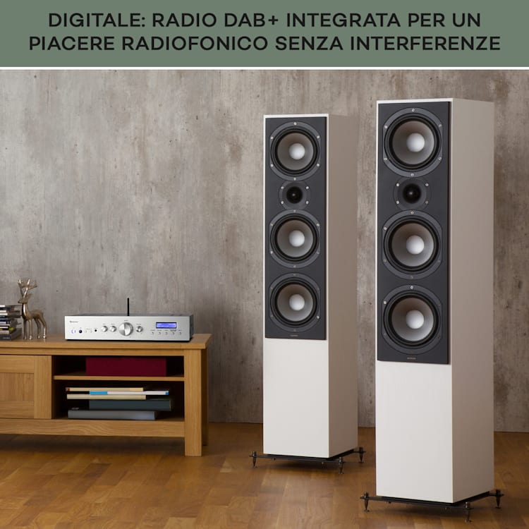 AMP-CD608 DAB, amplificatore stereo HiFi, 4x100W, RMS, DAB+, BT, ingresso ottico, telecomando Argento metallizzato