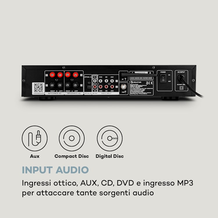 AMP-CD608 DAB, amplificatore stereo HiFi, 4x100W, RMS, DAB+, BT, ingresso ottico, telecomando Argento