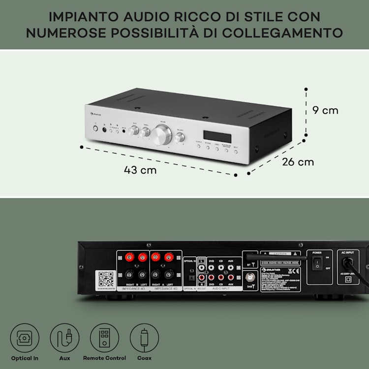 AMP-CD608 DAB, amplificatore stereo HiFi, 4x100W, RMS, DAB+, BT, ingresso ottico, telecomando Argento metallizzato