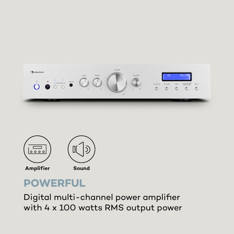 AMP-CD608 DAB, HIFI stereo zesilovač, 4x100W, RMS, DAB+BT, optický vstup, dálkový ovladač