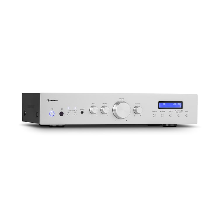 AMP-CD608 DAB, amplificatore stereo HiFi, 4x100W, RMS, DAB+, BT, ingresso ottico, telecomando Argento