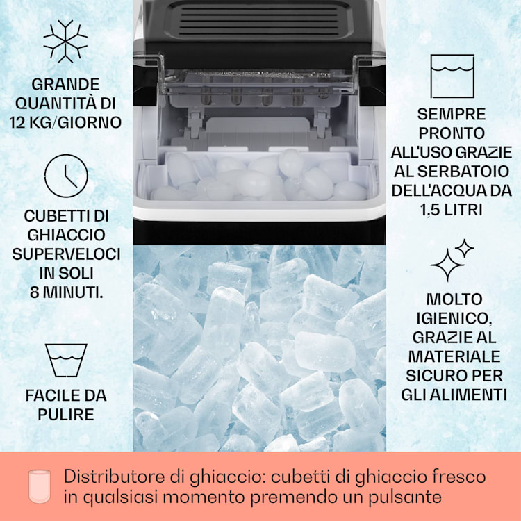 Chillout, Macchina del Ghiaccio, Cubetti a Pallottola, 12kg/24h, Serbatoio: 1,5 L, nero Nero