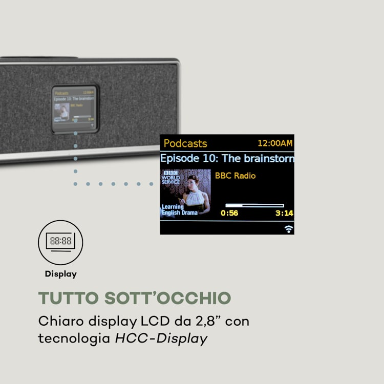 Simpfy, Cassa Wireless, DAB+/FM BT LCD, Display LCD, Alloggiamento in Legno Nero