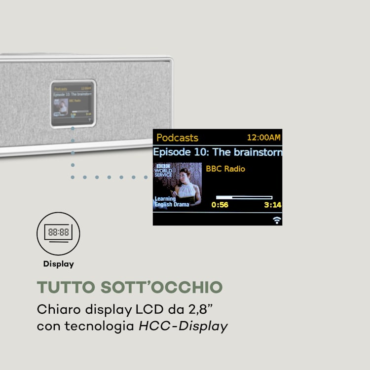 Simpfy, Cassa Wireless, DAB+/FM BT LCD, Display LCD, Alloggiamento in Legno Bianco
