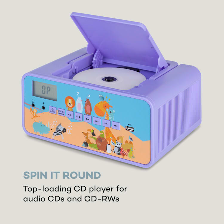 Kidsbox Zoo, CD Boombox, Lettore CD, BT, USB, Display LC, Animali, viola