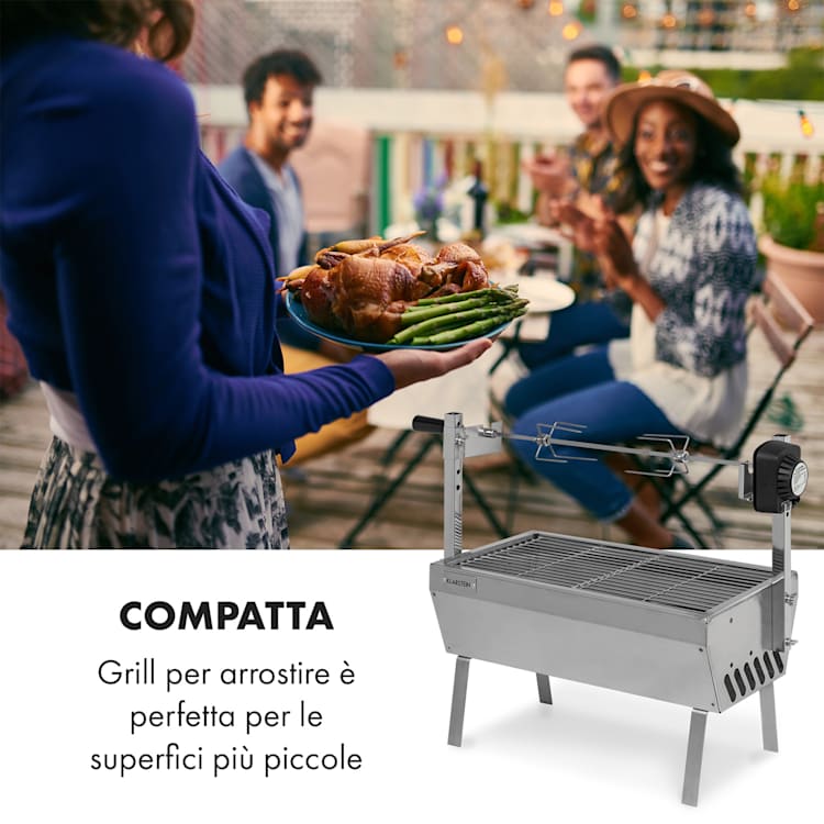 Sauenland Mini, Griglia con Girarrosto, 12kg max., Acciaio Inox, 4W