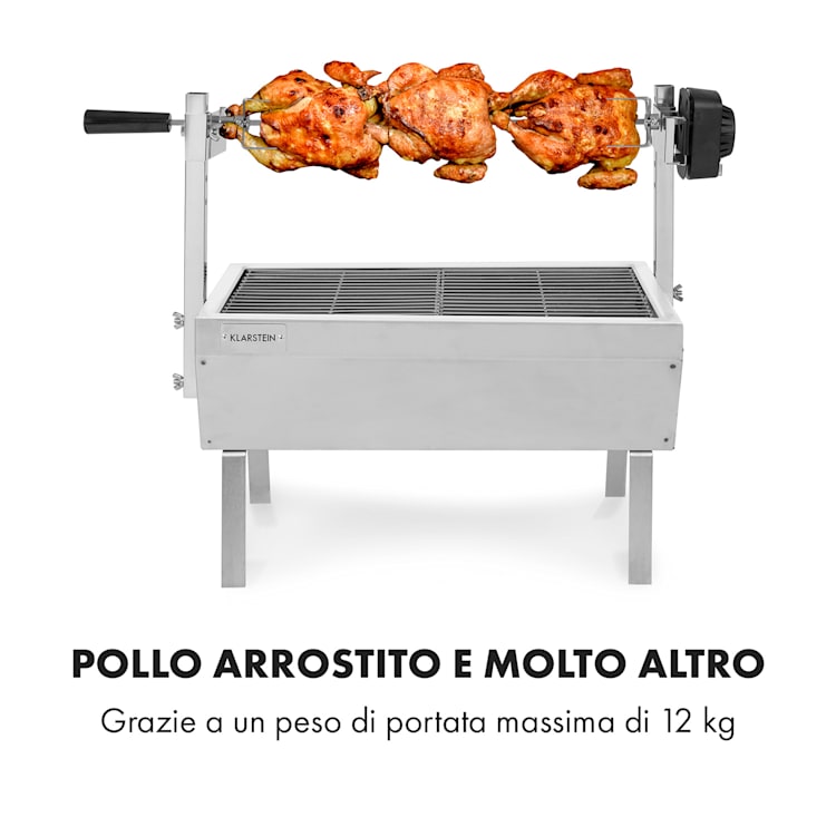 Sauenland Mini, Griglia con Girarrosto, 12kg max., Acciaio Inox, 4W