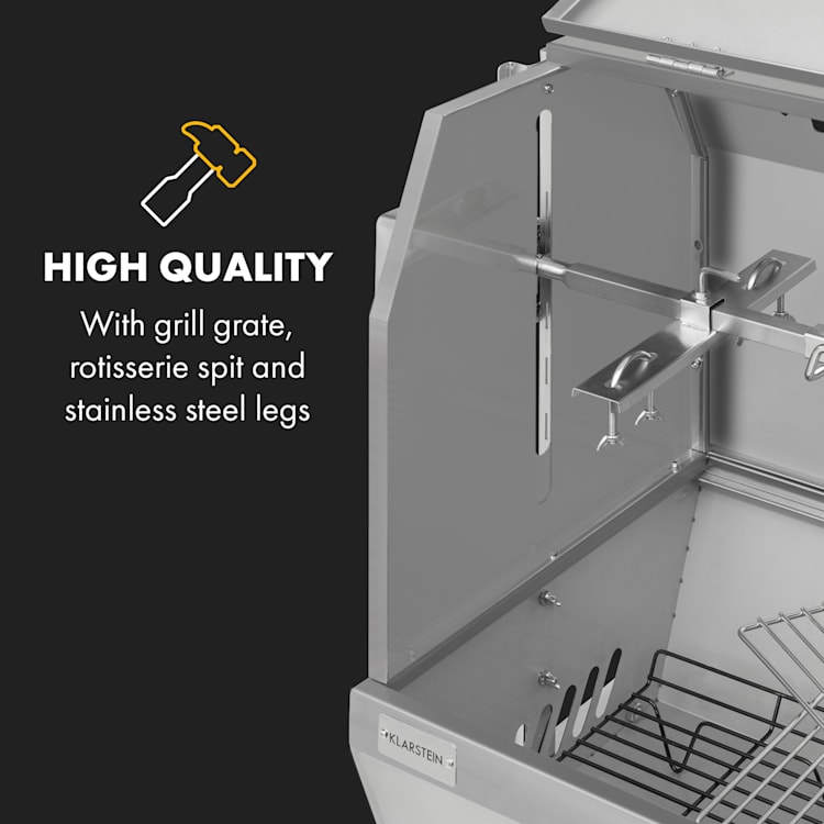 Sauenland Pro XL malacsütő grill, forgó nyárs, 15 W, 4 kerék, nemesacél