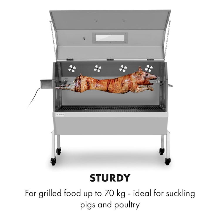 Sauenland Pro XL malacsütő grill, forgó nyárs, 15 W, 4 kerék, nemesacél
