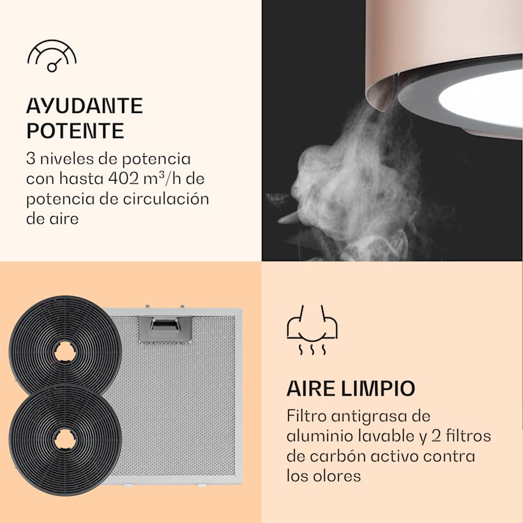 Skyfall Smart Campana de isla Ø45cm Recirculación de aire 402m³/h Led Oro