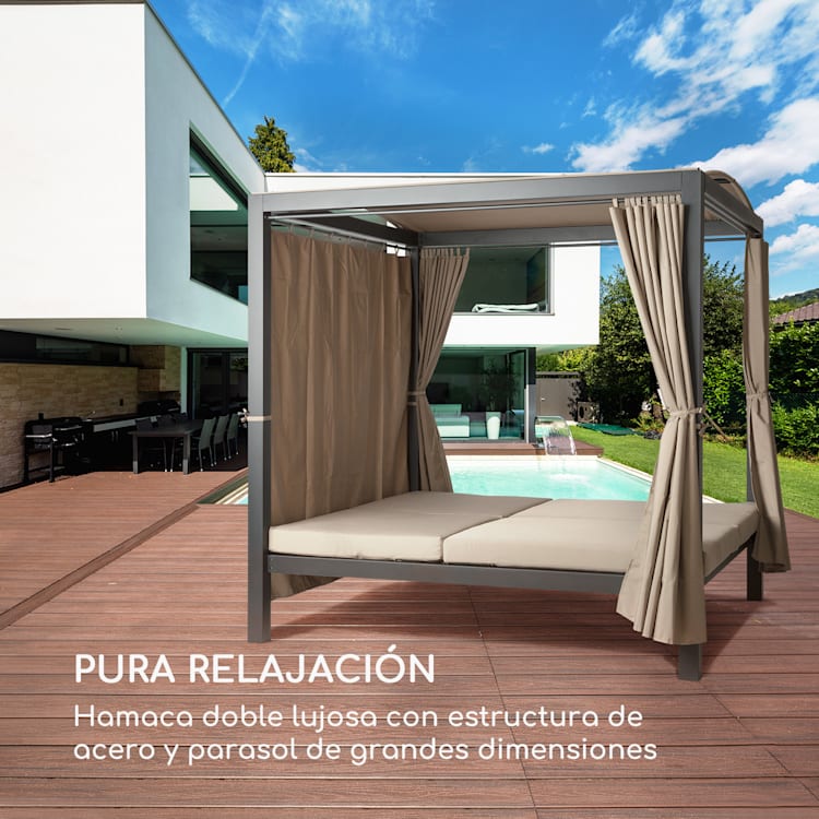 Eremitage Double XL Tumbona para 2 personas Marco de aluminio Toldo Cortinas Negro / Topo Claro