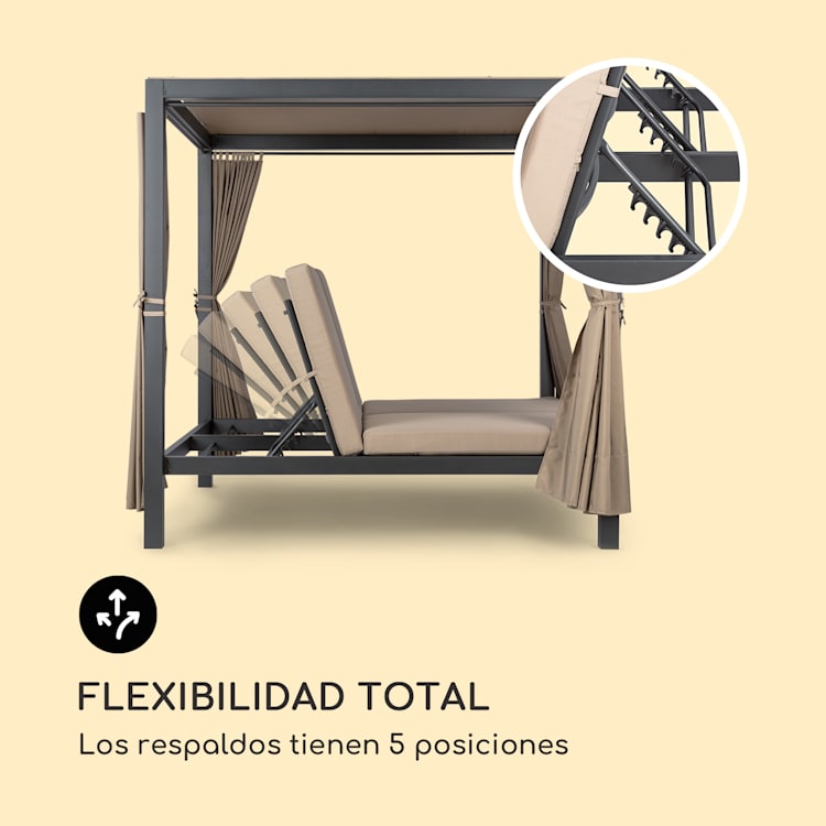 Eremitage Double XL Tumbona para 2 personas Marco de aluminio Toldo Cortinas Negro / Topo Claro