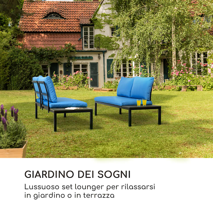 Cartagena, Lounger, 2 Posti con Tavolo, Acciaio, Poliestere Blu