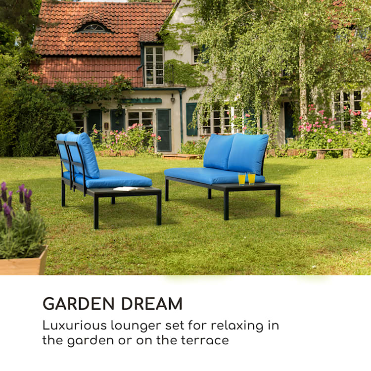 Cartagena Lounger, zestaw 2 sztuk 2-osobowych sof ogrodowych ze stołem, stal, poliester Niebieski
