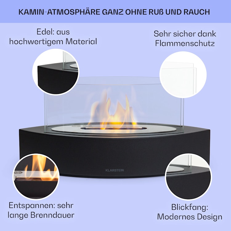 Phantasma Curve Ethanol-Kamin rauch- & geruchlos Edelstahl-Brenner Sicherheitsglas