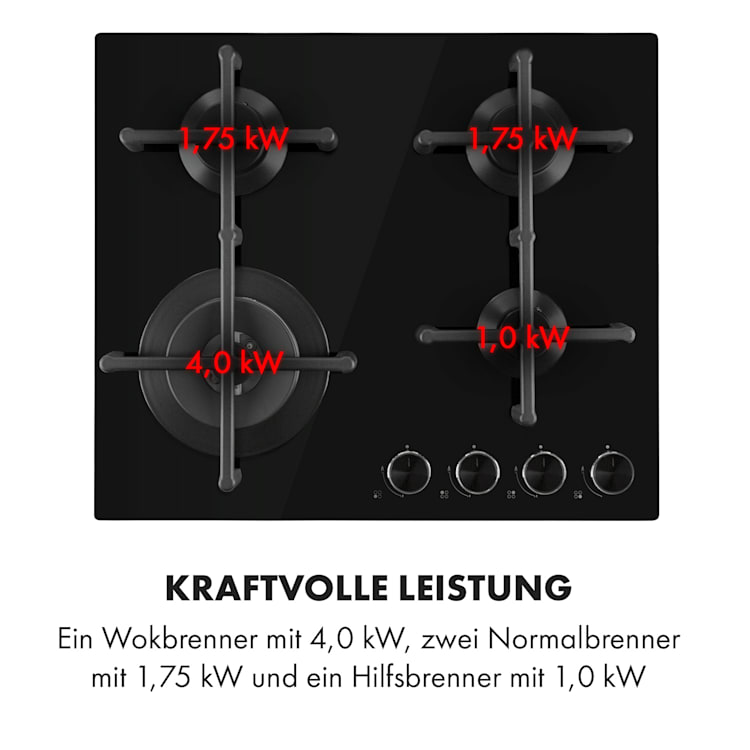 Illuminosa 4 Gaskochfeld 4-flammig Sabaf-Brenner Glaskeramik 4 | Schwarz
