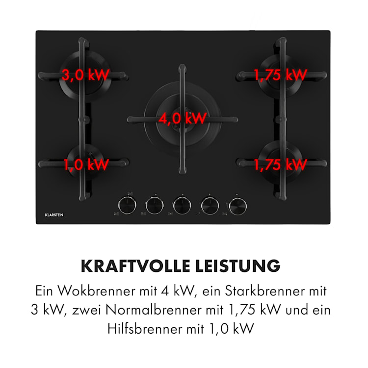 Illuminosa 5 Gaskochfeld 5-flammig Sabaf-Brenner Glaskeramik 5 | Schwarz