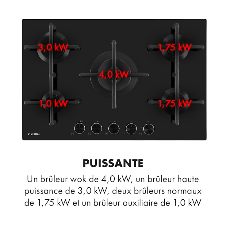 Illuminosa 5 table de cuisson à gaz 5 brûleurs Sabaf vitrocéramique noire 5 | Noir