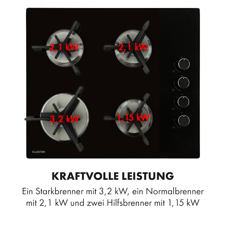 Trifecta 4 Gaskochfeld 4-flammig Triangle-Brenner Glaskeramik 4 Brenner | Schwarz