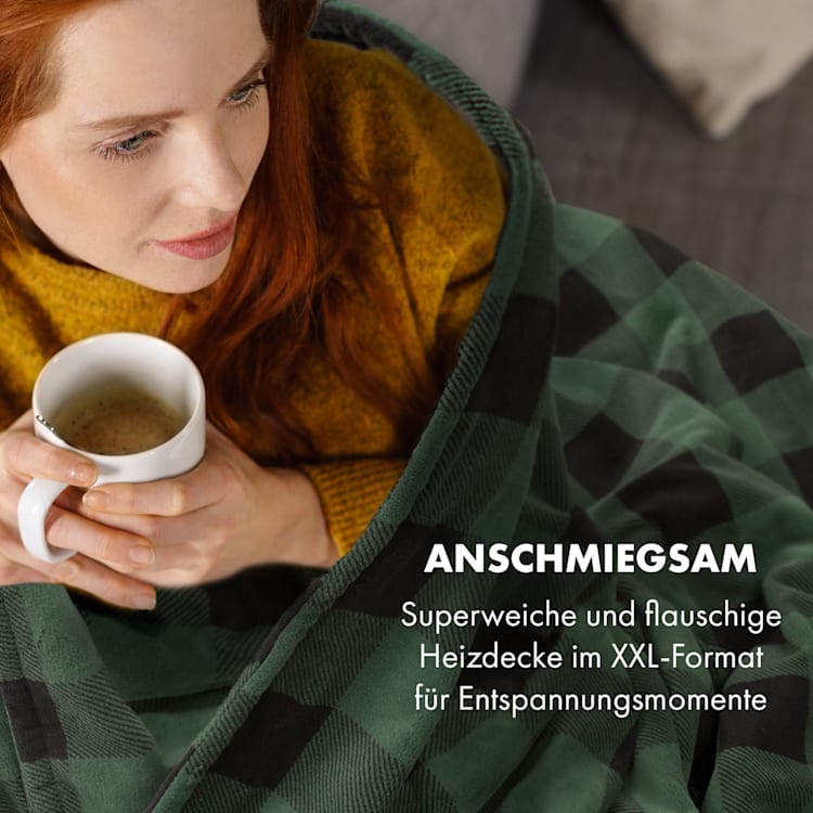 Dr. Watson XXL Heizdecke 3 Leistungsstufen waschbar 200x180cm Mikroplüsch Grün gemustert | XXL
