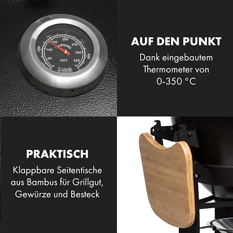 Duomo Kamadogrill Thermometer Seitentische mobil Edelstahl Keramik Ø49cm Gusseisenrost
