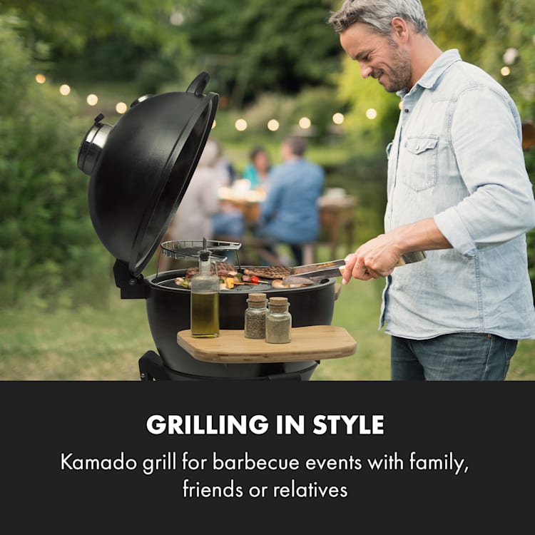 Duomo Barbacoa kamado Termómetro Mesas laterales móviles Acero inoxidable Cerámica Ø49cm Parrilla de hierro fundido
