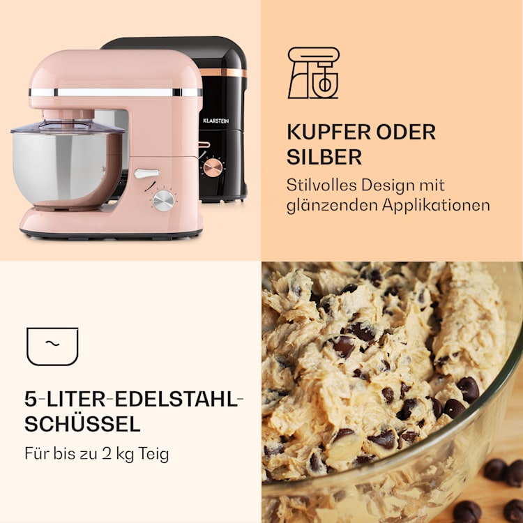Bella Elegance Küchenmaschine 2000 W / 2,7 PS / 5,2 Liter Edelstahl BPA-frei Rosé