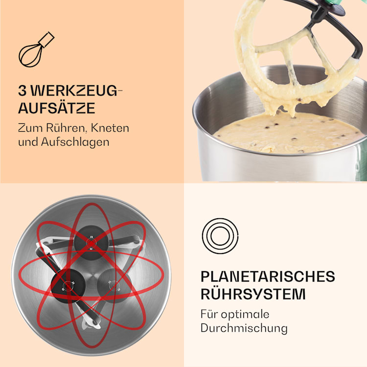 Bella Elegance Küchenmaschine 2000 W / 2,7 PS / 5,2 Liter Edelstahl BPA-frei Pastellgrün