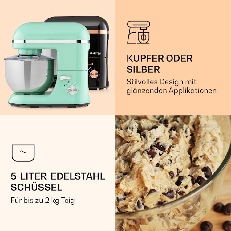 Bella Elegance Küchenmaschine 2000 W / 2,7 PS / 5,2 Liter Edelstahl BPA-frei Pastellgrün