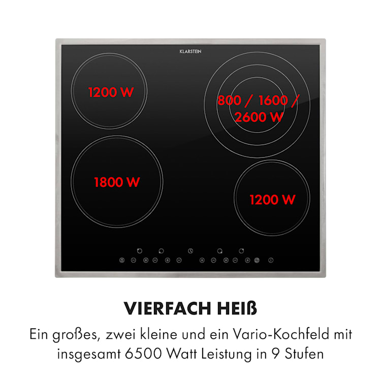 Virtuosa 4 Prime Einbaukochfeld 4 Zonen 6500W Glaskeramik Edelstahlrahmen Schwarz