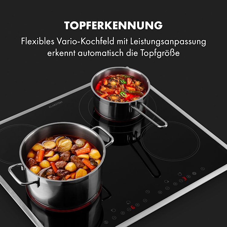 Virtuosa 4 Prime Einbaukochfeld 4 Zonen 6500W Glaskeramik Edelstahlrahmen Schwarz