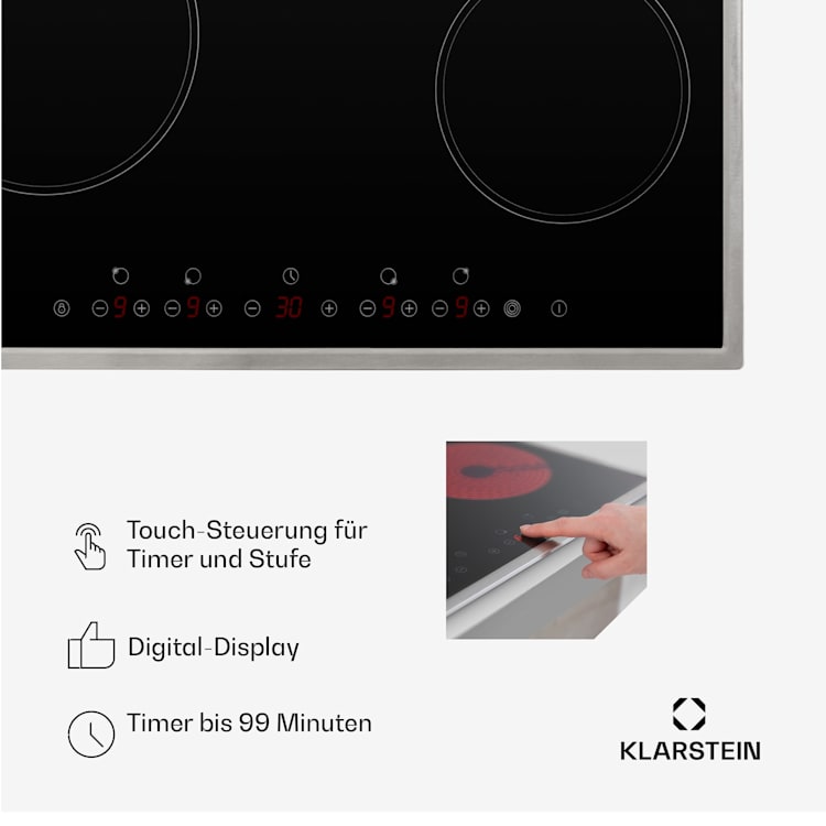 Virtuosa 4 Prime Einbaukochfeld 4 Zonen 6500W Glaskeramik Edelstahlrahmen Schwarz