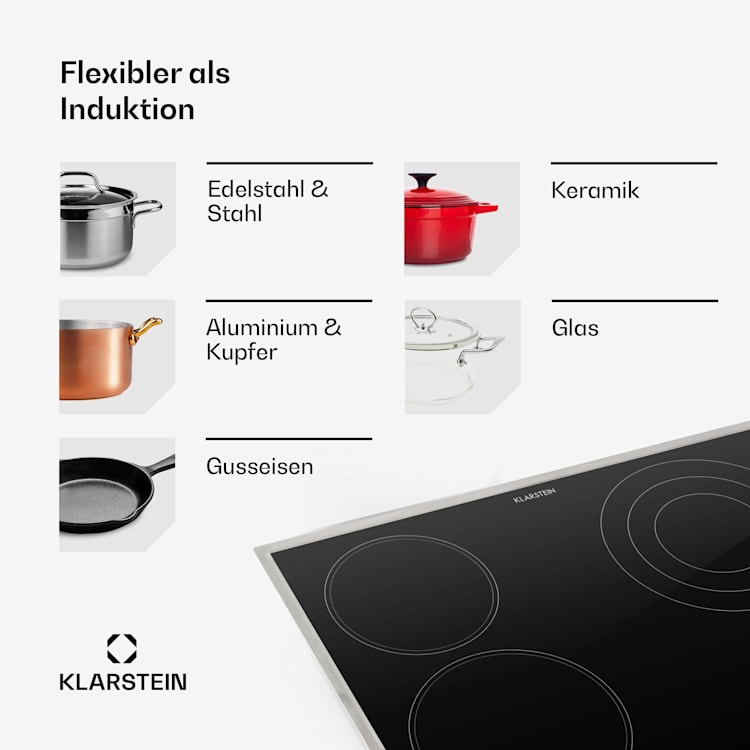 Virtuosa 4 Prime Einbaukochfeld 4 Zonen 6500W Glaskeramik Edelstahlrahmen Schwarz
