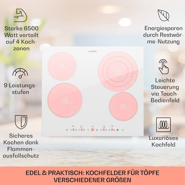 Virtuosa 4 Einbaukochfeld 4 Zonen 6500W Glaskeramik Weiß