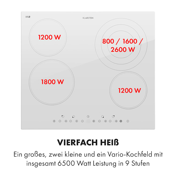 Virtuosa 4 Einbaukochfeld 4 Zonen 6500W Glaskeramik Weiß