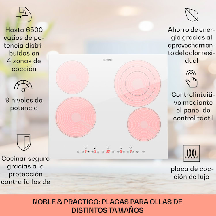 Placa de cocción empotrada Virtuosa 4 Prime 4 zonas 6500W vitrocerámica Blanco