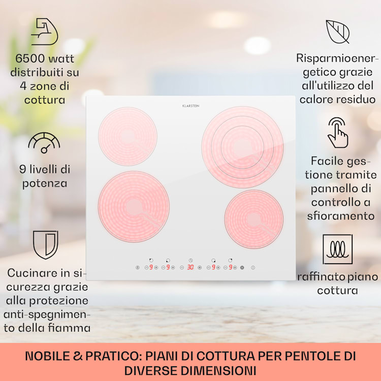 Virtuosa 4, piano cottura a incasso, 4 zone, 6500W, vetroceramica Bianco