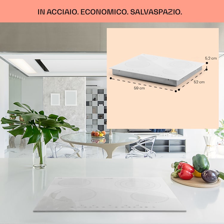 Virtuosa 4, piano cottura a incasso, 4 zone, 6500W, vetroceramica Bianco