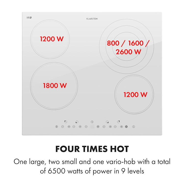 Virtuosa 4 inbouw kookplaat 4 zones 6500W keramisch glas Wit