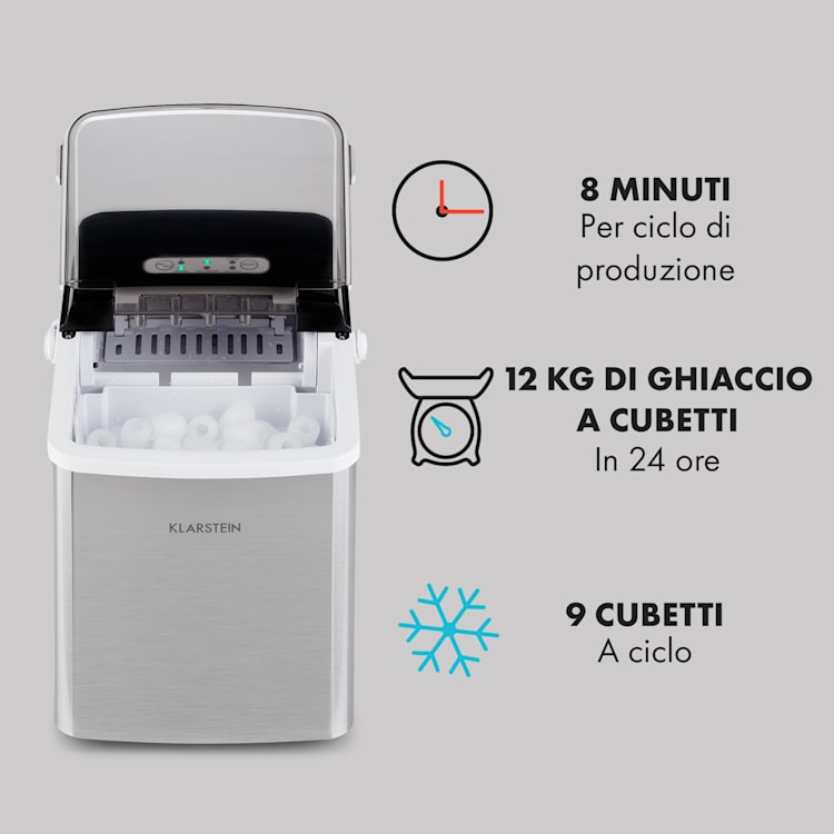 Arctic Porter, Macchina del Ghiaccio, Cubetti a Pallottola, 12kg/24h, Acciaio Inox Argento