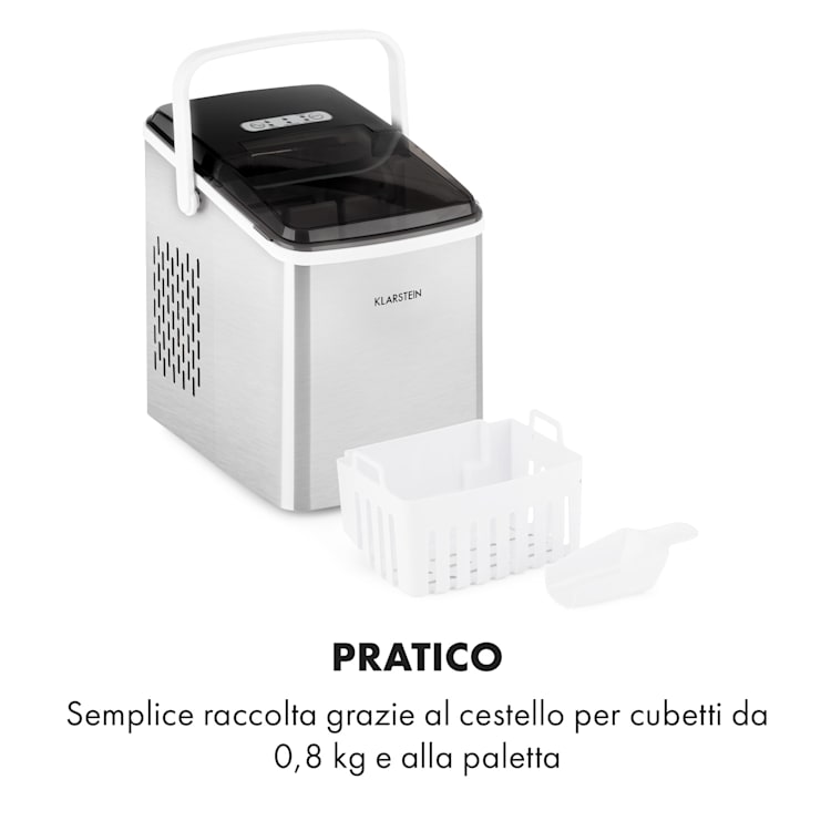 Arctic Porter, Macchina del Ghiaccio, Cubetti a Pallottola, 12kg/24h, Acciaio Inox Argento