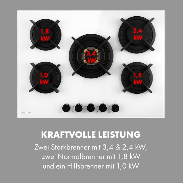 Goldflame 5 Gaskochfeld 5-flammig Messing-Brenner Glaskeramik 5 Brenner | Weiß