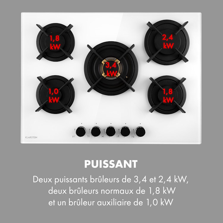 Goldflame 5 table de cuisson à gaz 5 brûleurs en laiton vitrocéramlique 5 brûleurs | Blanc