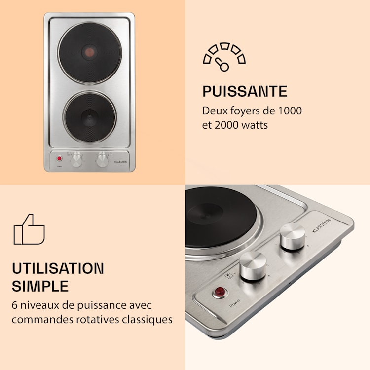 Appetito Domino Table de cuisson électrique 2 plaques 6 niveaux de