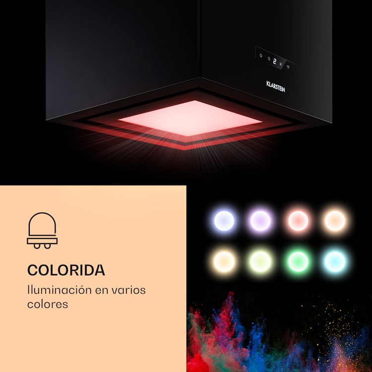 Campana extractora de isla Kronleuchter Smart de 595m³/h de caudal, App de control, panel LED Negro