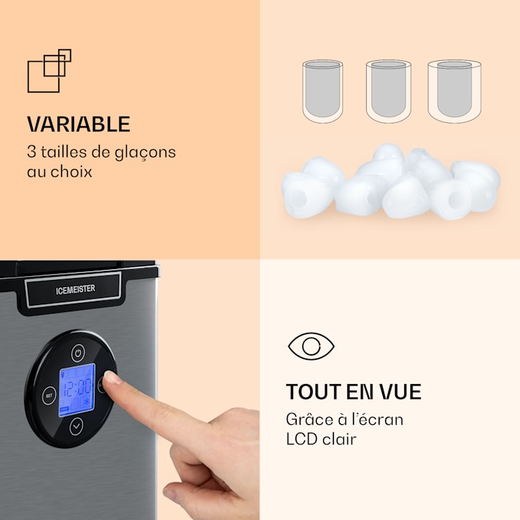 Icemeister 2G Machine à glaçons 12kg/24h affichage LCD acier inoxydable Argent